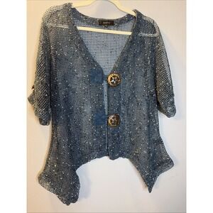 Kaktus Open Knit Cardigan Blue Boho Festival Earthy Artisan Coastal Vibes Sz. M